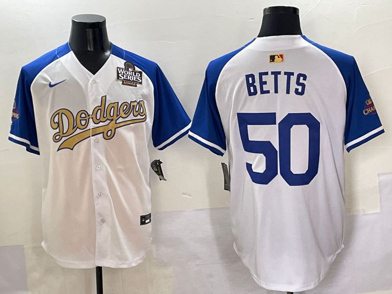 Men Los Angeles Dodgers #50 Betts White Blue Champion gold character Nike 2025 MLB Jersey style 5055